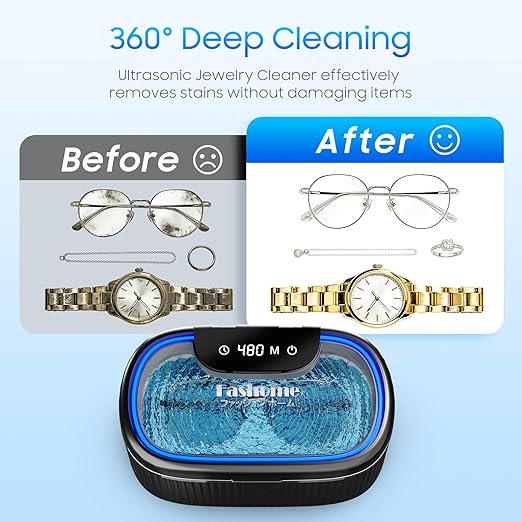 Ultrasonic Jewelry Cleaner Machine with 2×100ml Cleaning Solution, 45kHz Sonic Cleaner for Rings, Glasses & Watch Band, 550ML Stainless Steel Tank, 5 Timer, 3 Power Levels, Degas Mode-Black