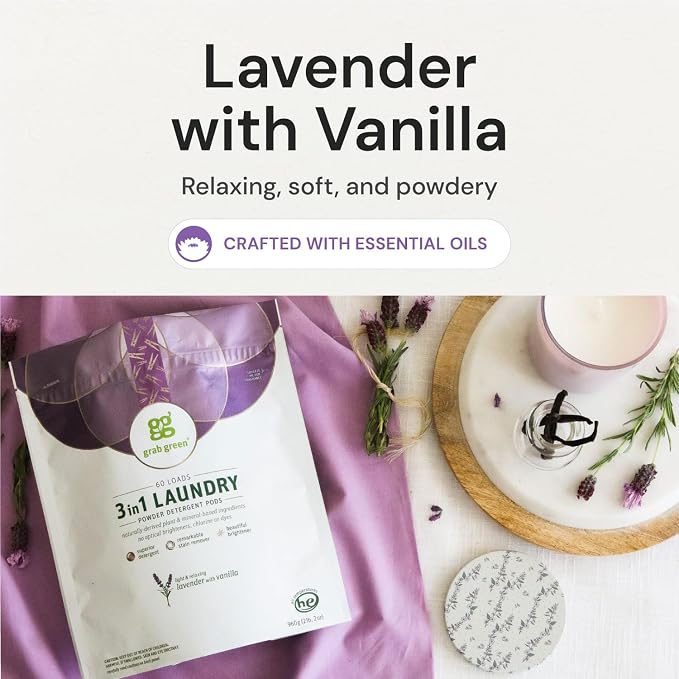 Grab Green 3-in-1 Laundry Detergent Pods, Lavender + Vanilla, 24 Count | Plant & Mineral-Based; Enzyme-Powered; Velcro Closure; Laundry Brightener; Stain Remover