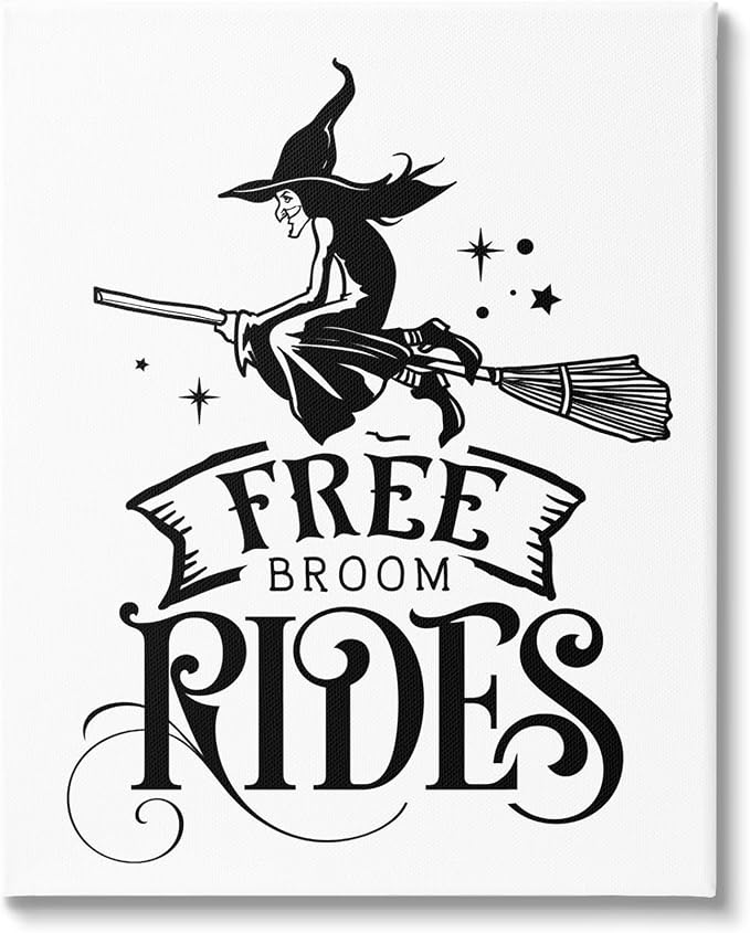 Stupell Industries 'Free Broom Rides Typography Magical Witch'| Canvas Art | Stupell Industries | 16 x 20 Inches, Easy to Hang and Sturdy, Made in USA, by Lettered and Lined