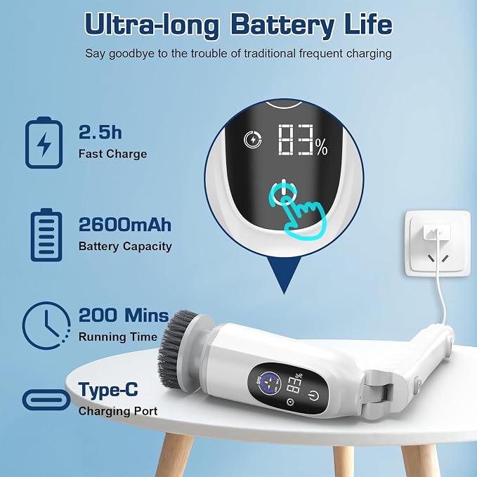 Electric Spin Scrubber, 200Mins Runtime Bathroom Scrubber with 3-Speed & LCD Display, Full-Body IPX7 Shower Scrubber with 8 Heads for Bathtub Kitchen Floor Grout, 53IN Extendable Handle