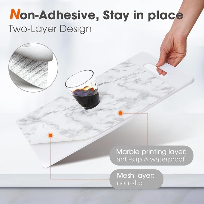 Drawer and Shelf Liner, Non-Slip Kitchen Cabinet Liners Non-Adhesive Thick Strong Grip Waterproof Washable Mats Protect Dresser Shelves Cupboard Bathroom Cabinets, White Marble, 24 in X 10 FT