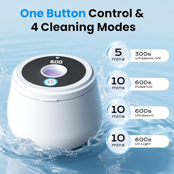 45kHz Ultrasonic Retainer Cleaner, 200ML Dental Cleaning Pod for Dentures, Mouth Guards, Braces, Aligner, Toothbrush Jewelry and More, UV Denture Cleaner with 4 Modes & Digital Timer - White