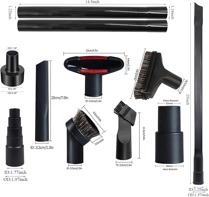 12 PCS Vacuum Attachments for Shop Vac Accessories 1 1/4 inch 1 3/8 inch Cleaning Accessories Kit with Universal Vacuum Hose Adapter Vacuum Extension Wand Horse Hair Brush Flexible Crevice Tool