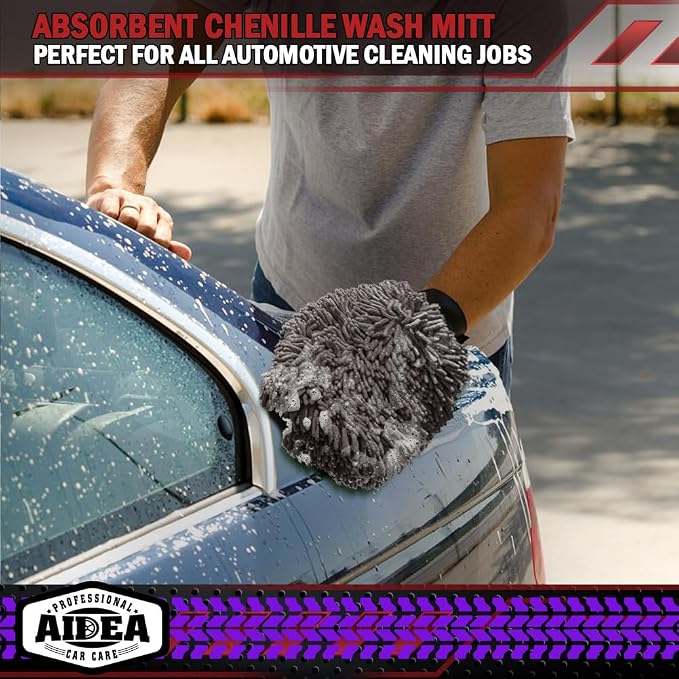 AIDEA Car Wash Mitt Microfiber-2Pack, Scratch-Free& Lint-Free, Premium Chenille Microfiber Wash Mitt-Grey Extra Large Size (8''X12'')