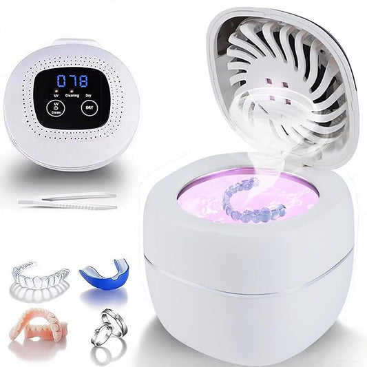 2025 Upgraded Ultrasonic Retainer Cleaner with Dryer Fan, 45kHz UV Ultrasonic Dental Cleaning Pod, Retainer Cleaner Machine for Dentures, Aligners, Mouth, Night Guards & Jewelry (White)