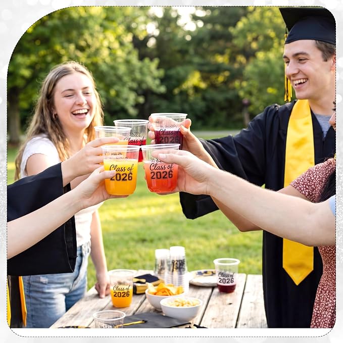 Potchen 50pcs Graduation Cups Class of 2026 12oz Clear Plastic Graduation Party Cups for 2026 Celebration Party Supplies Congrats Grad Tableware Decoration(Black)
