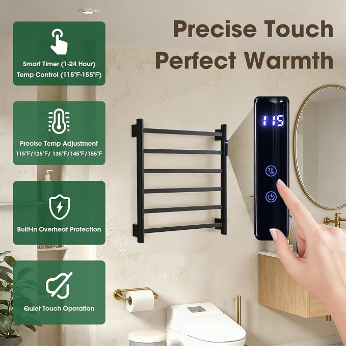 TRUSTMI Electric Towel Heated Rack, Wall Mounted 6 Bar Towel Warmer Cloth-Dryer with Built-in Timer and Temperature Indicator, 1-24 Hour, 115°F-155°F, Touch-On, Matte Black
