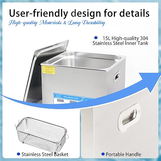 VUA 15L Commercial Ultrasonic Cleaner with Digital Timer & Heater, Professional Ultrasonic Parts Cleaner, 40kHz Ultra Sonic Cleaning Machine for Repairing Tools Industrial Parts Wrench