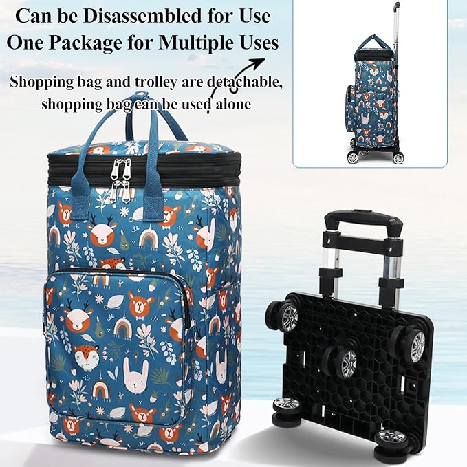 2 in 1 Shopping Cart with Wheels, Grocery, Portable Utility Dolly, Luggage Cart, Foldable Hand Truck with Built-in Removable Waterproof Bag for Shopping, Camping, Travel (Animal World)