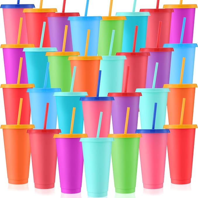 Honeydak 30 Pack Tumbler with Straw and Lid Bulk Cups for Gifts Water Bottle Iced Coffee Travel Mug Cup Reusable Plastic Tumblers for Party Birthdays 24-27 oz (Pastel and Bright Color)