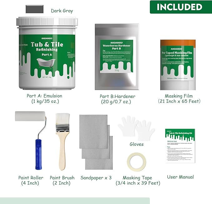 NADAMOO Tub and Tile Refinishing Kit (1kg / 35 oz, with tools, Dark Gray), DIY Bathtub Sink Reglaze Kit Countertop Paint Resurface Kit for Bathroom Kitchen Porcelain Enamel Fiberglass, Semi-matte Coat
