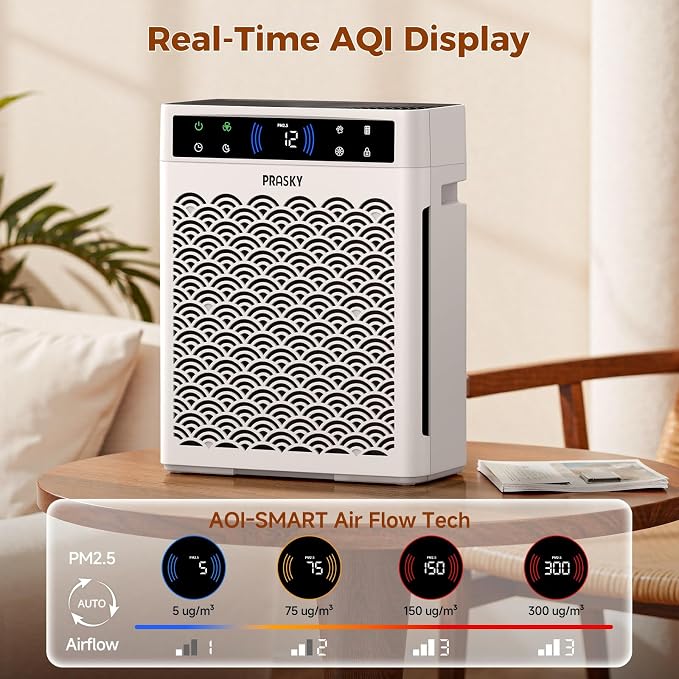 Air Purifiers for Home Large Room up to 3000sq.ft, PRASKY HEPA Air Purifier & with Activated Carbon for Office, Bedroom, Dorm Room, Kitchen