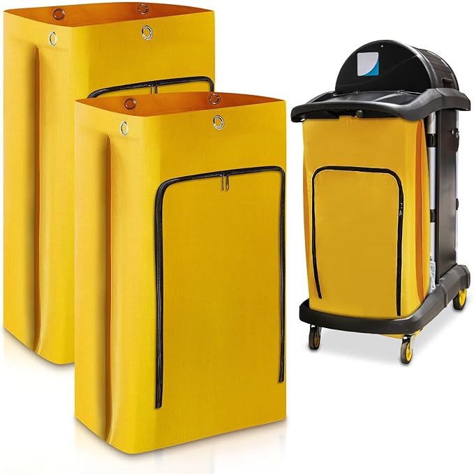 Meanplan 2 Pack Cleaning Cart Bag Zippered Front Replacement Janitorial Cart Thick Bag Large Capacity Commercial Cleaning Bags for Housekeeping Carts, Yellow (33 x 16.8 x 10.5 Inch)
