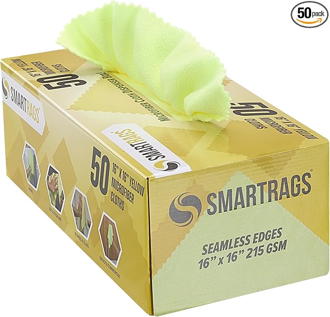 Arkwright Smart Rags Microfiber Cleaning Cloths, Pack of 50 in a Box, Lint Free 215 GSM Reusable Towels for Auto, Office and Household Cleaning, 16 x 16 in, Yellow