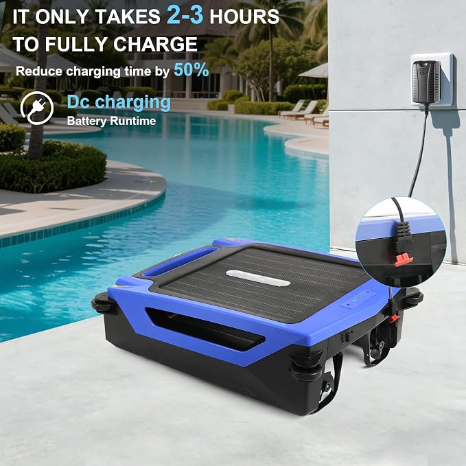 Solar Powered Robotic Pool Skimmer, Automatic Pool Surface Cleaner Robot with 24/7 Continuous Cleaning, App Control, Dual Charging, Ideal for Above Ground & In-Ground Pools (Blue)