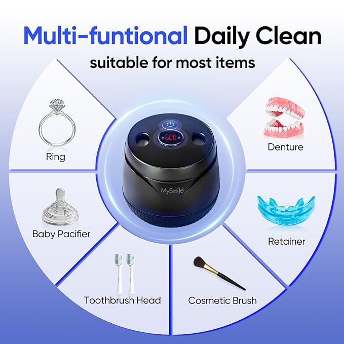 MySmile Dental Ultrasonic Retainer Cleaner Machine- 45kHz UV Denture Cleaner with 200ML Capacity for Aligner, Braces, Mouth Guard, Night Guard, Portable Dental Cleaning Pod with Digital Timer (Black)
