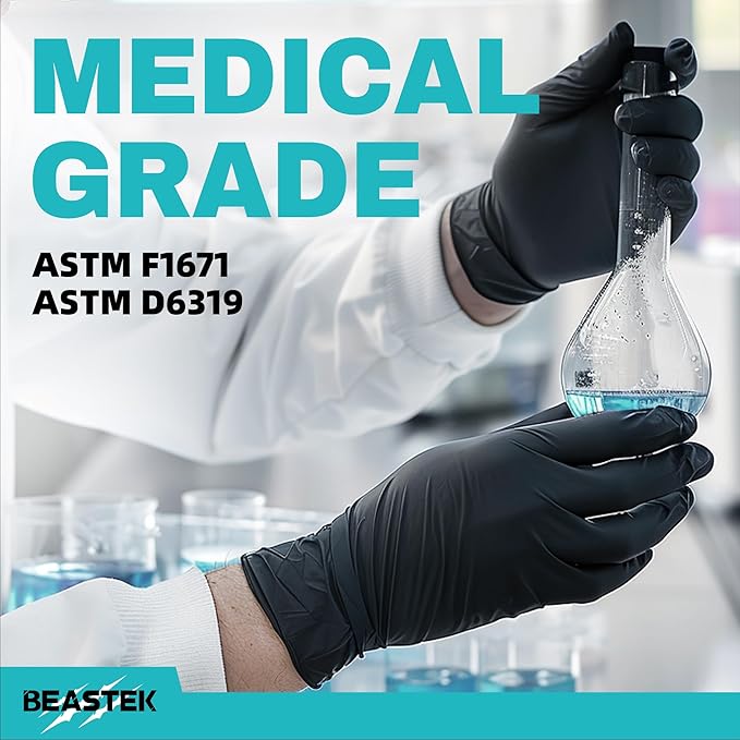 Beastek Black Disposable Nitrile Exam Gloves 100 Pcs 4Mil Chemical Resistant Powder-Free Latex-Free Food Safe Medical Cooking
