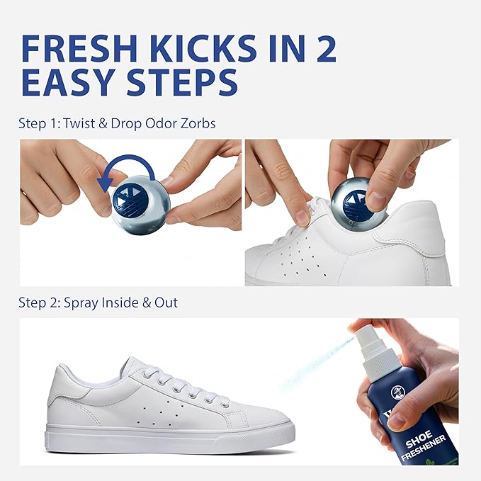 Shoe Deodorizer Spray & Odor Eliminator Kit - Shoe Spray for Smelly Shoes, Feet & Gym Bags | Peppermint Scent | Odor Removal & Shoe Cleaning Solution | 4 fl oz Spray + 2 Pairs of Deodorizer Balls