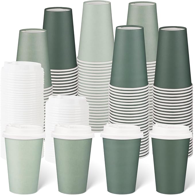 100 Pack Sage Green Coffee Cup with Lids Sleeves, 12oz Insulated To Go Paper Cups Gradient Green Party Cups Disposable Paper Cups, Drinking Cup for Wedding Birthday Baby Shower Tea Party Supplies