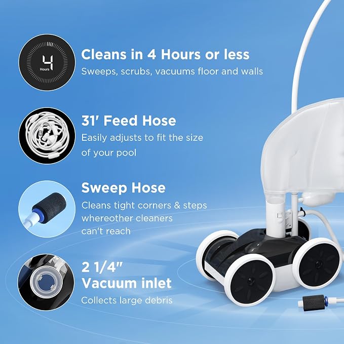 MAKHOON Upgrade Pool Pressure Side Sweeper with Feed Hose – Professional Pool Cleaner for Efficient Swimming Pool Cleaning, Stable 4-Wheel Structure Design
