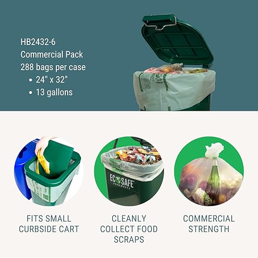 EcoSafe-6400 HB2432-6 Certified Compostable Bag - 24x32” Green Bags for 13 Gallon Bin - Extra Strong Leak, Puncture and Tear Resistant Food Scraps Bin Liners, Pack of 288