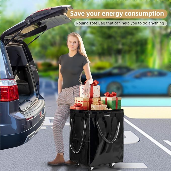 Medium, Black Reusable Grocery Bags on 4 Wheels, 70L Foldable Rolling Tote, Shopping Trolley, Rolling Tote Bag for Groceries, Wide Zipper Shopping Cart with Wheels for Laundry,Market,Storage