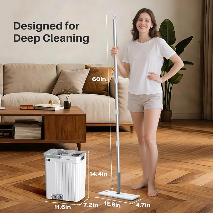 Mop and Bucket Set with AUTO Pump, 3-Zone Separate Dirty and Clean Water, Flat Mop and Bucket System with Wringer and Wheels, 6 Reusable Microfiber Pad, One-Touch Water Filling for Home Cleaning