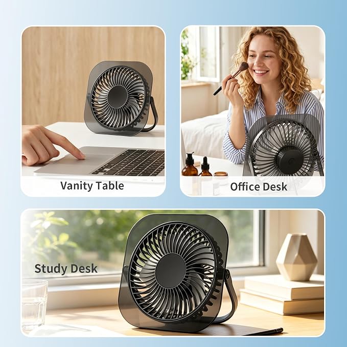 Antarctic Star Ultra-Thin USB Desk Fan, Personal Portable Desktop Cooling Fan with 3 Speeds & Night Light, 5W Powerful Quiet Small Fan for Bedroom Office Home, Powered by USB Cable