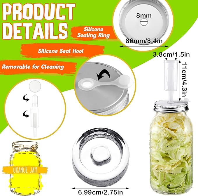 Tessco for you 4 Set Fermentation Kit, Wide Mouth Fermentation Lids and Weights, Airlocks and Silicone Rings for Mason Jars Making and Storing Sauerkraut Probiotic Food (No Jars)