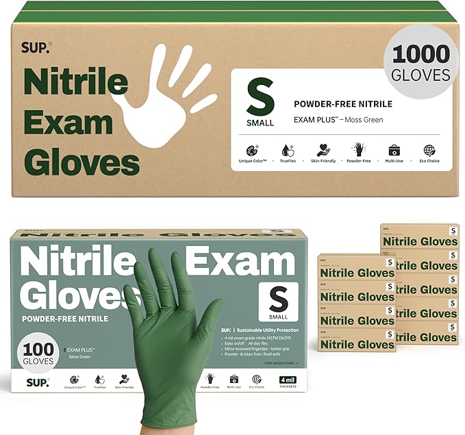 SUP Nitrile Exam Gloves, Powder-Free Latex-Free Food Non-Sterile Safe Cooking Cleaning Disposable Medical Glove, Green 1000Ct
