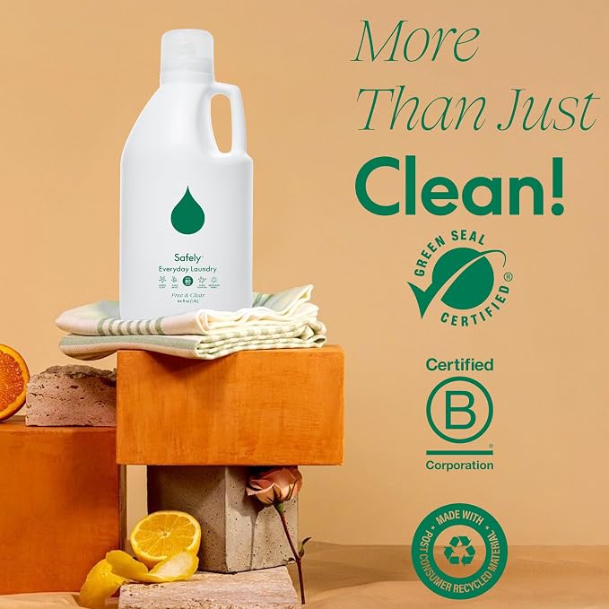 Safely Everyday Laundry Detergent Liquid Soap,Free & Clear 1 Pack–Plant Powered,Highly Concentrated-Fight Stains & Wash Away Dirt, Impurities While Preserving Colors, Gentle On Skin, 64 fl oz