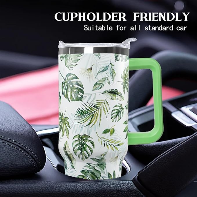 Ceovfoi 40 oz Green Insulated Stainless Tumbler - Tropical Plant Travel Coffee Cup, Water Bottle, Gardeners Gift