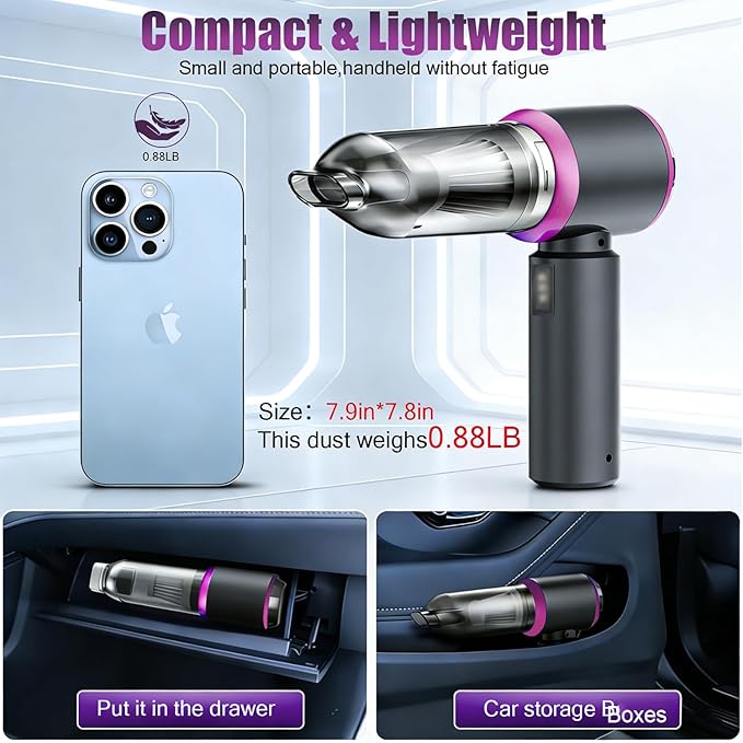 Handheld Cordless Car Vacuum Cleaner with 20000PA Powerful Suction4-in-1 Portable Mini Vacuum/Compressed Air Duster| 3-Speed Adjustable & 6000MAH Rechargeable Battery for Home Office Pet Hair