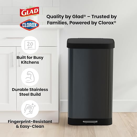 Glad 20 Gallon Stainless Steel Trash Can with Clorox Odor Protection | Large Metal Kitchen Garbage Bin with Soft Close Lid, Garbage Bag Rings, Step On Foot Pedal and Waste Bag Roll Holder, Pewter