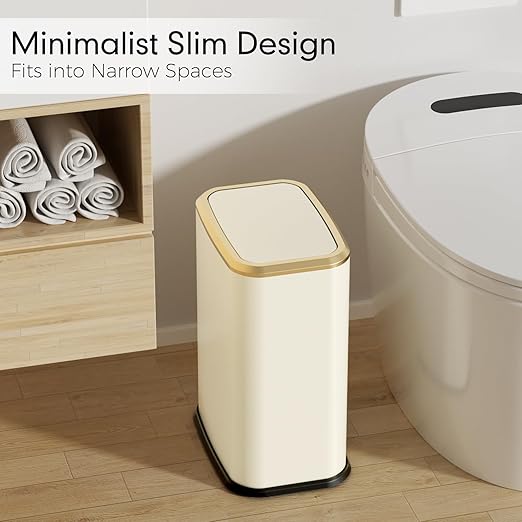 Bathroom Trash Can with Lid 8L/2.1 Gallon Beige Trash Can Small Garbage Can with Swing Top Lid Slim Stainless Steel Garbage Can with 100 Counts Trash Bags for Bathroom Bedroom Kitchen Office Toilet
