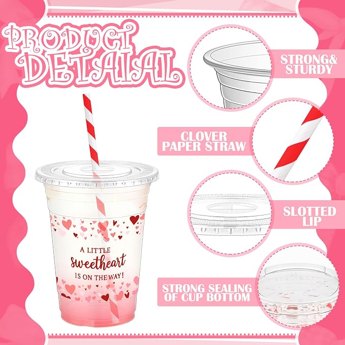 Qinyoung 50 Sets Valentine Heart Baby Shower Cups 16 oz Sweetheart Baby Shower Favors Red Heart Cups with Lid and Straw Disposable A Little Sweetheart Is on The Way Supplies for Birthday