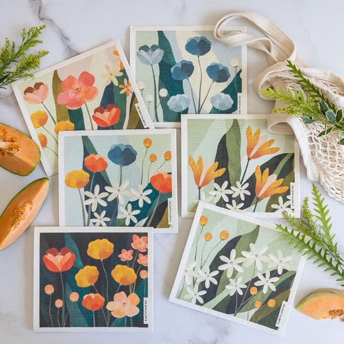 Swedish Dishcloths – Floral Designs Gift Set – Reusable Compostable Cellulose Sponge Cloth – Eco-Friendly Paper Towel Alternative 6 Pack
