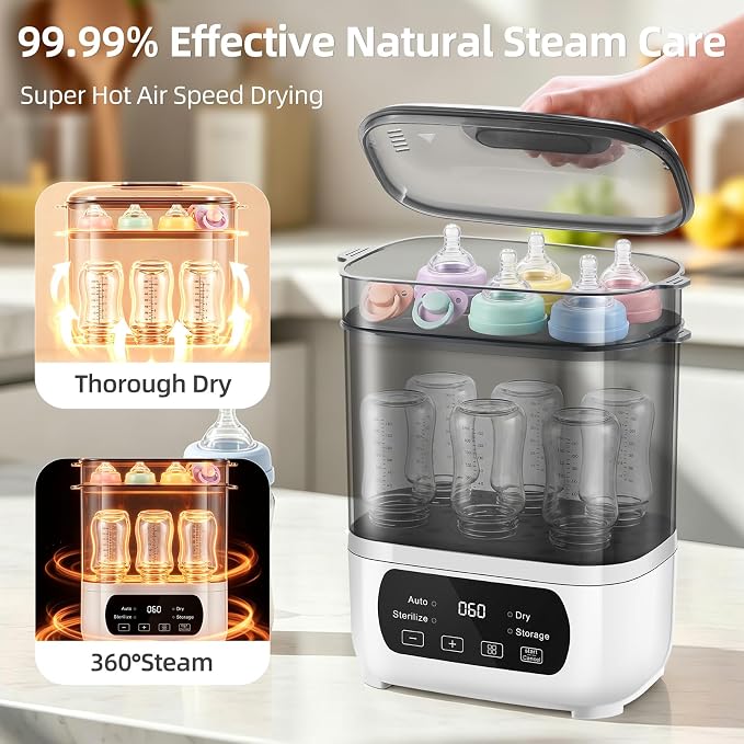 AMZBABYCHEF Baby Bottle Steamer and Dryer, Electric Steamer and Dryer for Baby Bottles, 4-in-1 Bottle Steamer and Dryer, Universal Fit for All Bottles, LED Touch Screen, Auto Shut-Off