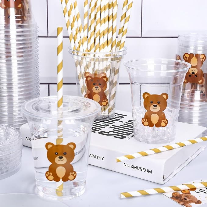 Whaline 50 Pcs Bear Disposable Plastic Cups with Lids and Straws 12 Oz Cute Brown Bear Cold Beverage Drinking Cups for Baby Shower Birthday Party Supplies