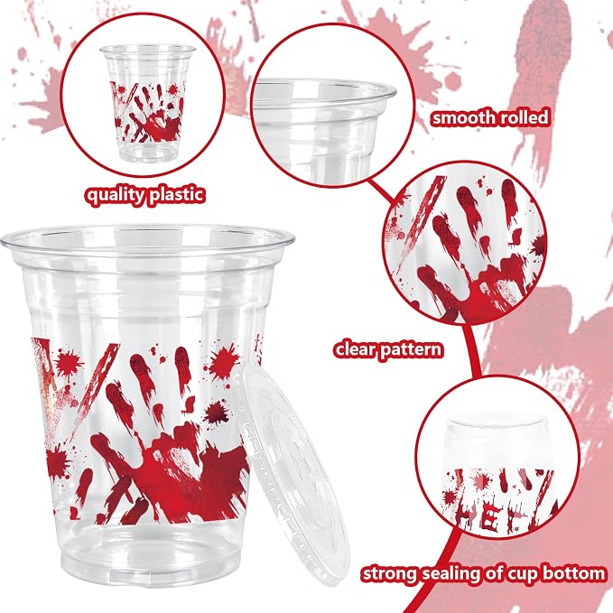 Whaline 50Pcs Halloween Disposable Plastic Cups with Lids & Straws 12oz Bloody Handprint Clear Cold Beverage Drinking Cups for Home Party Supplies