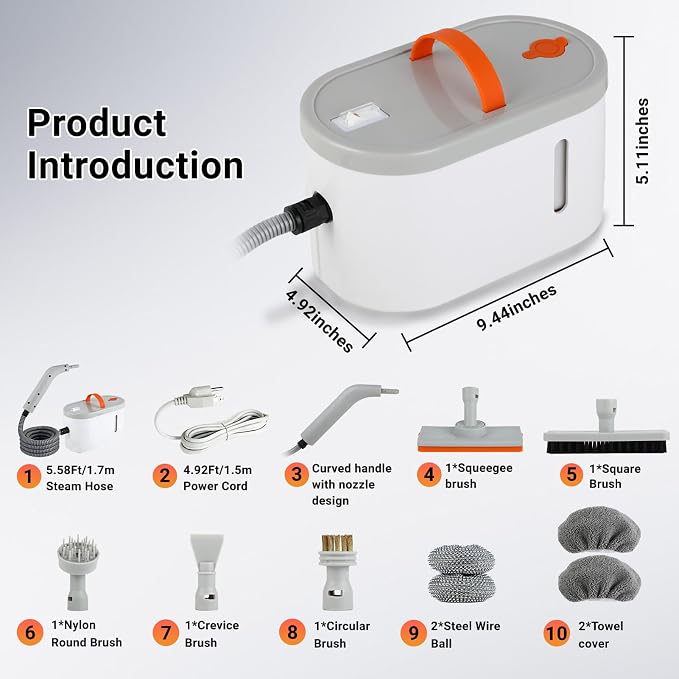 Steam Cleaner for Home,Portable Handheld Steamer for Cleaning With 15s Heat-Up, 750 Ml Water Tank,Comes With 9 Accessories To Clean Grease, Car Rims And Interiors, Tile Grout, Tiles, and Floors