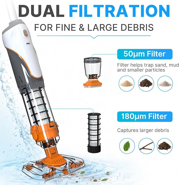 Cordless Pool Spa Vacuum Cleaner Rechargeable Handheld Pool Vacuum with 60-Min Runtime Dual Filtration 3 Cleaning Heads Telescopic Pole for Sand Leaves Hot Tubs Above Ground & Small Pools (Orange)
