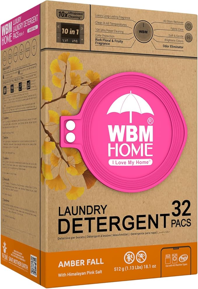 WBM Laundry Detergent Pods, 32 Count | Amber Fall Fragrance | 10 in 1 Laundry pods Detergent Ultra Power Cleaning with Plant-Based Scent, Extra Protection With 4D Stain Remover