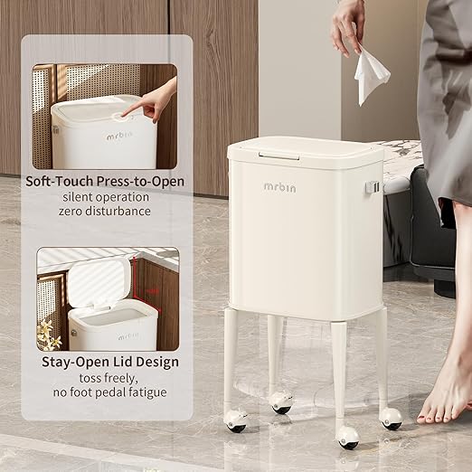 MRBIN Metal Kitchen Trash Can with Wheel Legs, 23L/6.1gal Medium Press on Lid Slim Removable Waste Basket, Pet Proof Garbage Pail for Bedroom, Living Room, Cream White