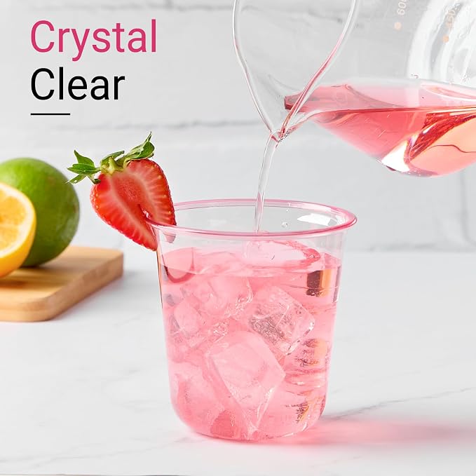 Soelomu 12 oz Pink Plastic Cups, 50 Pcs Disposable Stemless Wine Glasses Round Bottom Cocktail Party Cups for Wedding Birthday Meeting Gathering