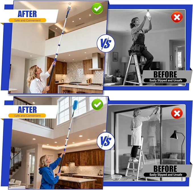 26FT Light Bulb Changer for High Ceilings with 5-20FT Heavy Duty Extension Pole,High Ceiling Fan Duster Extendable Reusable Cobweb,Feather,Window Cleaning Squeegee Kit for Home & House,Interior Roof