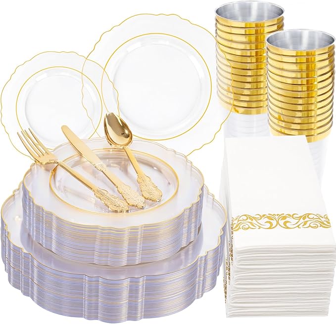 KIRE 210Pcs Clear and Gold Plastic Plates - Heavy Duty Clear Plates with Gold Rim - Disposable Dinnerware Sets of 60 Plastic Plate 90 Silverware 30 Cups 30 Napkins for Wedding/Party