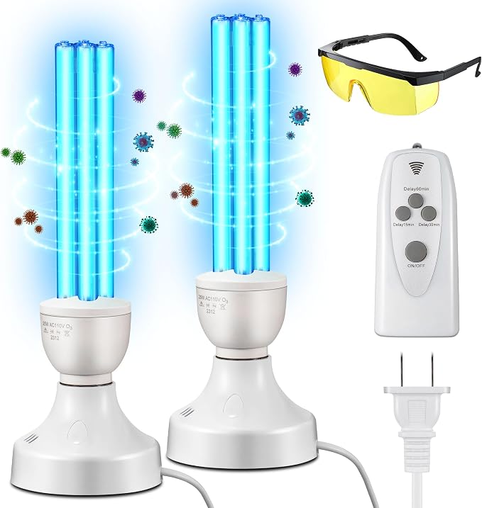 Qualirey 2 Pack 25 Watt UV Light Disinfection, UVC Light with E27 Base and Remote Control and UV Protection Glasses, Light Bulb for Basement/Bedroom/Kitchen, with Ozone