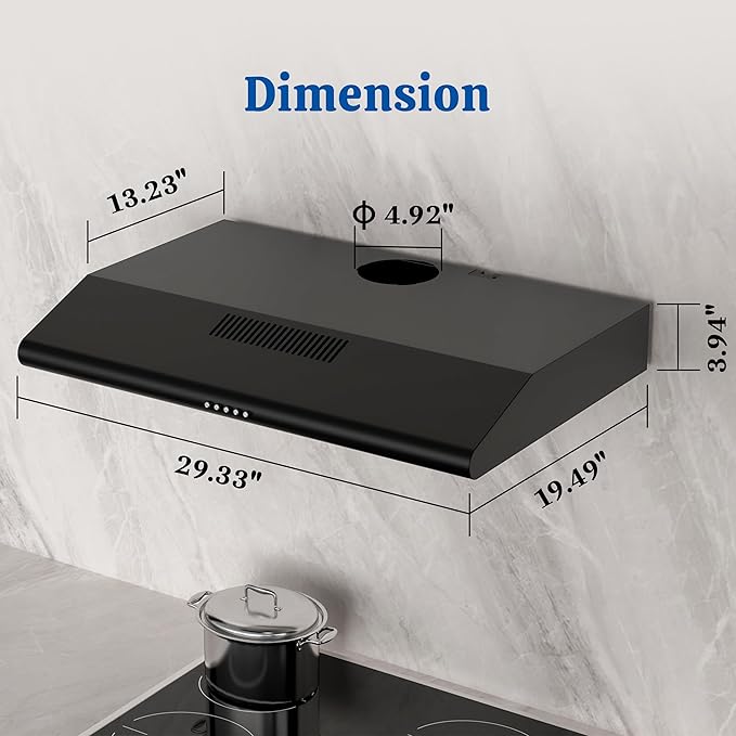 FIREGAS Under Cabinet Range Hood 30 Inch Black, Ducted/Ductless Convertible Kitchen Vent Hood with 250 CFM, 3-Speed Fan & LED Lights for Stove Ventilation