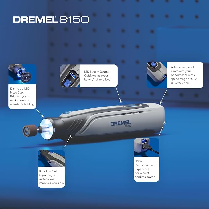 Dremel 8150 8V Cordless Rotary Tool Kit with Brushless Motor and LED Nose Cap - Variable Speed 5,000-30,000 RPM, USB-C Rechargeable and 20 Rotary Tool Accessories
